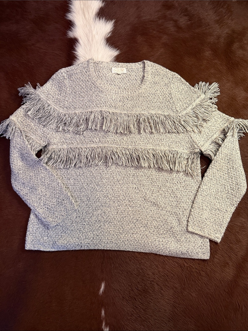 Mud Pie Gray Fringe Crewneck Sweater